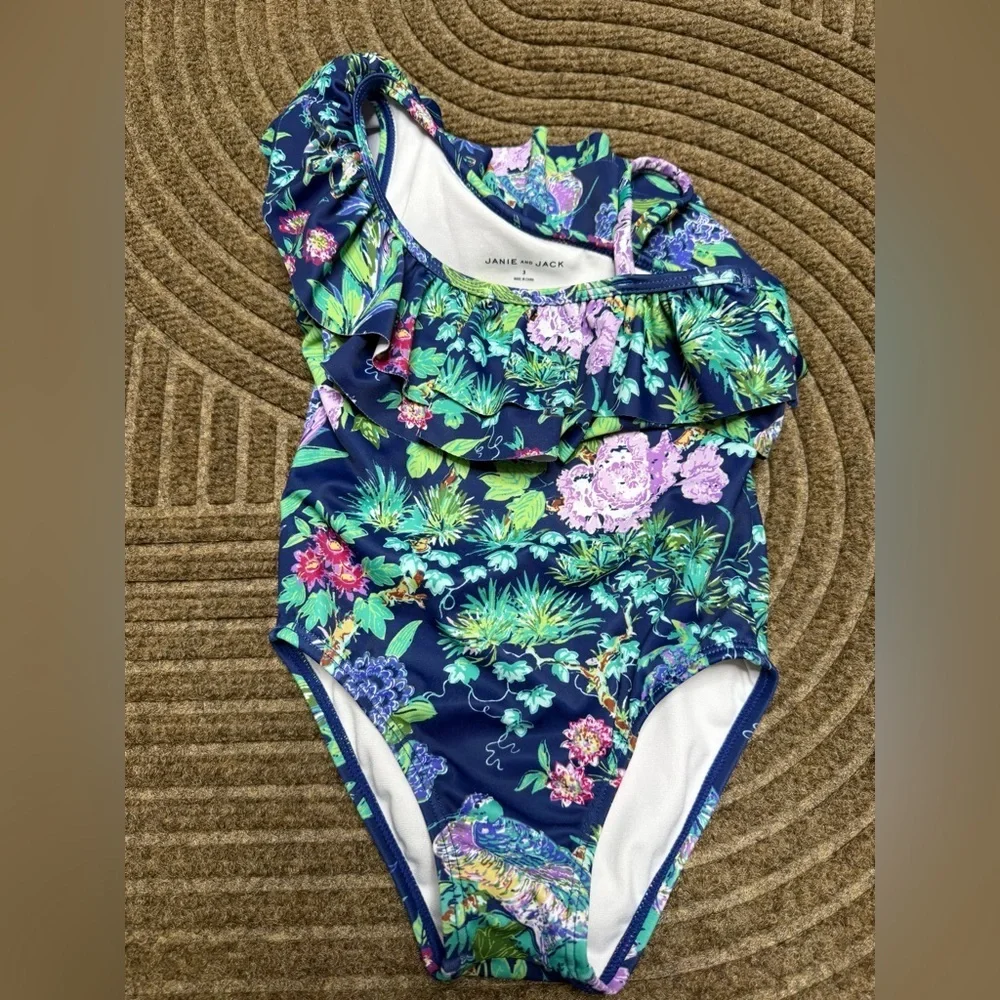 Janie and Jack Swim Set Bundle (2) Floral Ruffle and Ruffle Heart Print